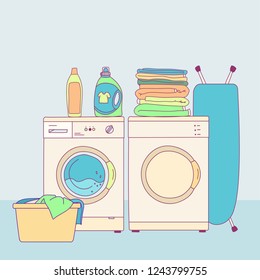 Vector llustration of interior equipment of laundry room with washing machine, household products, pile of clothes, iron. Cartoon style.