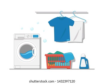 Vector llustration of interior equipment of laundry room with washing machine, hanger, clean clothes, laundry basket. Flat style vector illustration.