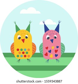 Vector llustration of an owls. Drawing for children, poster, postcards.
