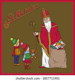 Vector llustration of Saint Nicholas giving presents to children