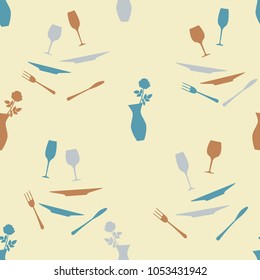 Vector llustration of seamless pattern with cutlery and vase with rose