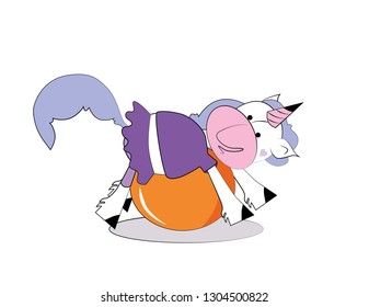 Vector llustration of unicorn exercising on ball.  Healthy lifestyle. Unicorn cartoon.