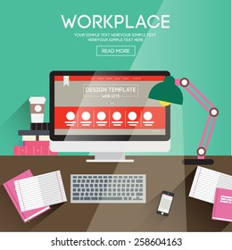 Vector llustration workplace. Creative office workspace with computer. Flat minimalistic style. Flat design with long shadows.