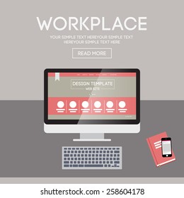 Vector llustration workplace. Creative office workspace with computer. Flat minimalistic style. Flat design with long shadows.