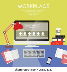 Vector llustration workplace. Creative office workspace with computer. Flat minimalistic style. Flat design with long shadows.