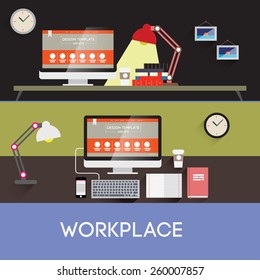 Vector llustration workplace. Creative office workspace with computer. Flat minimalistic style. Flat design with long shadows.