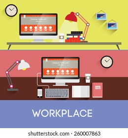 Vector llustration workplace. Creative office workspace with computer. Flat minimalistic style. Flat design with long shadows.