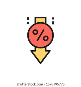Vector loan interest rate reduction flat color line icon.