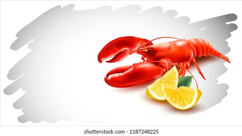 Vector Lobster with lemons and green leaf on white backround  Vector illustration.Vector Crayfish.