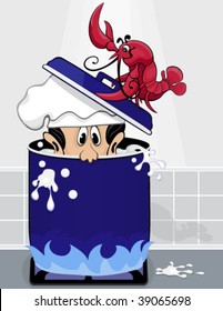 Vector Lobster turns the tables and puts chief in a boiling pot of water. Lobster forcing lid down on mans head.