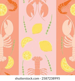 Vector Lobsters, Shrimps Lemons and Herbs linocut block print style seamless pattern