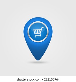 Vector location blue realistic icon with cart sign