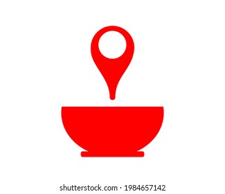 Vector location icon Red pin and bowl sign. Isolated on a white background. Navigation maps, gps, directions, places, compass, contacts, search concept. logo for fast food shop