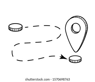 Vector location marker with dash arrow track from point to point. Doodle drawing of navigation pin point icon