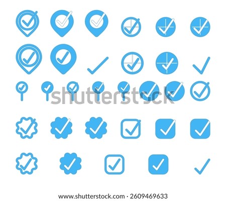 Vector location pin icons with check mark in badge style and flat blue design