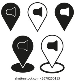 pin de ubicación del Vector. Símbolo del altavoz del megáfono. Icono de puntero de mapa. Emblema de destino del altavoz. EPS 10.