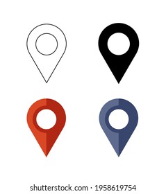 Vector location pin signs set isolated on white background, outline, black, red and blue icons.
