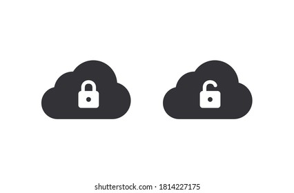 Bloqueo vectorial. Cerrado. Icono de bloqueo. Icono de protección. Icono de candado. Almacenamiento en la nube. Protección en la nube. Almacenamiento privado. Acceso a archivos. Descarga en la nube. Nube con candado. Descargar archivo. Icono de almacenamiento.