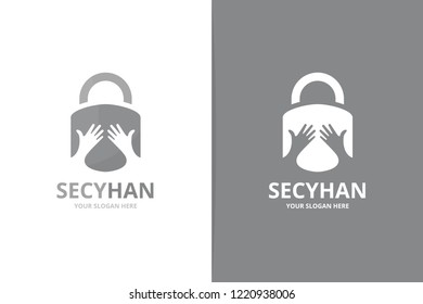 Vector lock and hands logo combination. Safe and embrace symbol or icon. Unique padlock and team, friendship logotype design template.