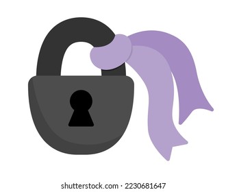 Vector lock icon. Beautiful lock element tied with purple ribbon isolated on white background. Wedding or marriage symbol illustration
