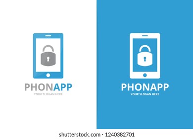 Vector lock and phone logo combination. Safe and mobile symbol or icon. Unique padlock and device logotype design template.