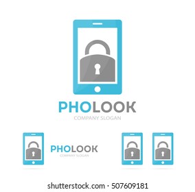 Vector lock and phone logo combination. Padlock and mobile symbol or icon. Unique privacy and security logotype design template.