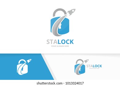 Vector lock and rocket logo combination. Safe and airplane symbol or icon. Unique padlock and flight logotype design template.