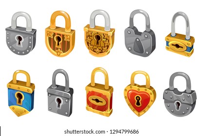 Vector lock set isolated on white background for security protection. Vector locking mechanism icons for web design, games, ui, etc.