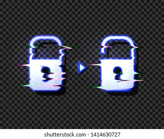 Vector Lock and Unlock Glowing Icons with Glitch Distortion Effect Isolated on Dark Transparent Background, Hacking Concept Illustration.