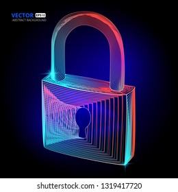 Vector locked padlock cyber security protect with keyhole in abstract 3d geometry lines style and gradient waves texture shapes or wireframe technology concept 3d art design on dark background