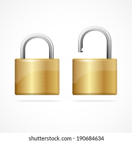 Vector locked and unlocked padlock gold isolated