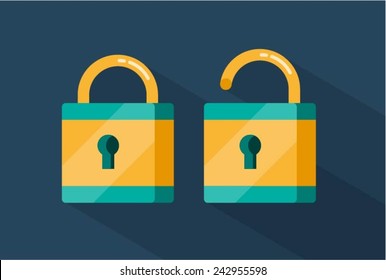 vector locked and unlocked padlocks, flat style illustration