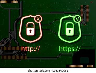 Vector locks in a shields, neon icons on the dark green circuit background, technology illustration, glowing graphic art, http and https.
