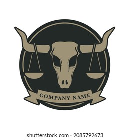 Vector log for law office, law firm, or other business related to the Law and Justice. The logo is skull of dead bull or cow with scale on both of its horn which inspired by old west world.