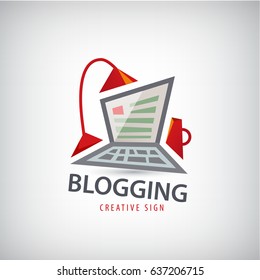 Vector logging, writing, freelance, it logo. Computer, lamp and cup illustration