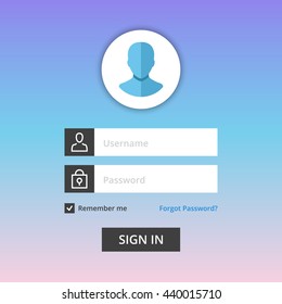 Vector Login Form Template. User Login Form With Username And Password Fields, Man And Lock Icons, Remember Me, Forgot Password Text, Sign In Button, User Avatar Icon. Flat Design Vector Illustration