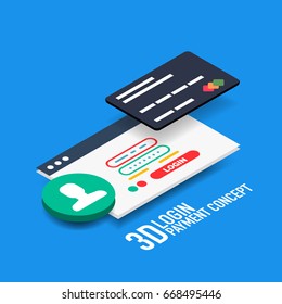 Vector login username and password internet payment concept with bank credit card, modern isometric flat style design