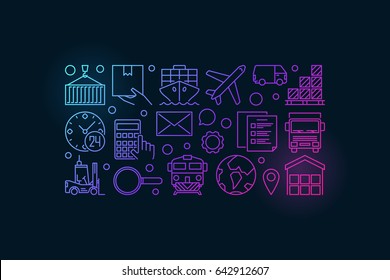 Vector logistics colorful illustration - creative banner made with transportation, delivery and logistic icons on dark background
