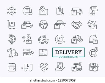 Vector Logistics and Delivery thin line icons. Parcel Transportation and customer service Signs Design for Web. Supply chain pictogram collection