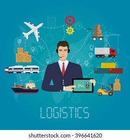 Vector logistics manager agent concept. Delivery cargo vector service illustration. 