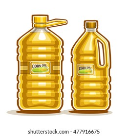 Vector logo 2 big yellow plastic Bottle with Corn Oil and label, gallon canister filled maize cooking oil, cartoon large container with viscous liquid with cap and handle, closeup isolated on white.