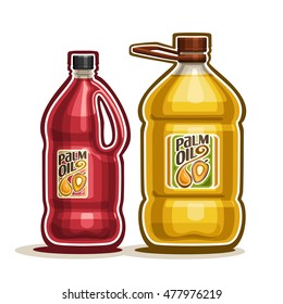 Vector logo 2 big yellow plastic Bottle with Palm Oil fruits and label, gallon canister filled pure cooking oil, cartoon large container with red liquid with cap and handle, closeup isolated on white.
