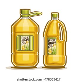 Vector logo 2 big yellow plastic Bottle with Rice Bran Oil and label, gallon canister filled pure cooking oil,cartoon large container with viscous liquid with cap and handle, closeup isolated on white