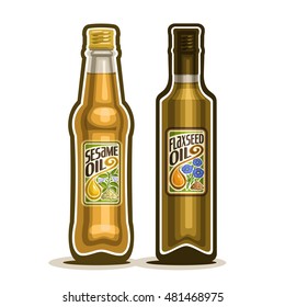 Vector logo 2 brown glass Bottle with pure Sesame Oil, bottles virgin cooking Flaxseed oil, container natural organic flax seed and linseed oily liquid with cap and label, closeup isolated on white.
