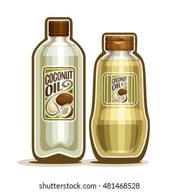 Vector logo 2 yellow plastic and glass Bottle with pure Coconut Oil and label, bottles virgin cooking coconut oil, jar container natural organic coco nut fat liquid with cap, closeup isolated on white
