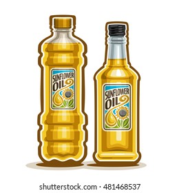 Vector logo 2 yellow plastic and glass Bottle with pure Sunflower Oil and label, bottles virgin cooking sunflower oil, container natural organic sunny flower liquid with cap, closeup isolated on white