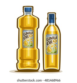 Vector Logo 2 Yellow Plastic And Glass Bottle With Pure Canola Oil And Label, Bottles Virgin Cooking Colza Oil, Container Natural Organic Rapeseed Oily Liquid With Blue Cap, Closeup Isolated On White.