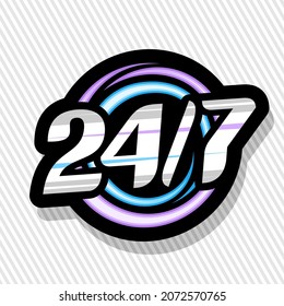 Vector logo 24 7, black isolated signage with illustration colorful circles and unique decorative font for number 24 7, marketing design concept with shadow on gray background.