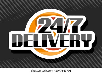 Vector logo for 24 7 Delivery, white isolated signboard with illustration colorful circles, unique decorative lettering for black word 24 7 delivery, business concept with shadow on grey background.