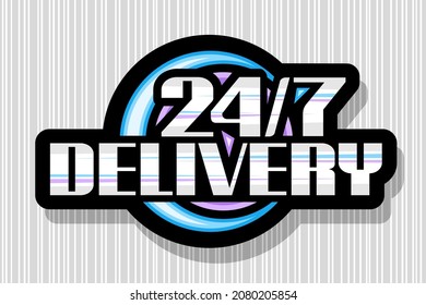Vector logo for 24 7 Delivery, black isolated sign board with illustration colorful circles, unique decorative lettering for word 24 7 delivery, business concept with shadow on gray striped background